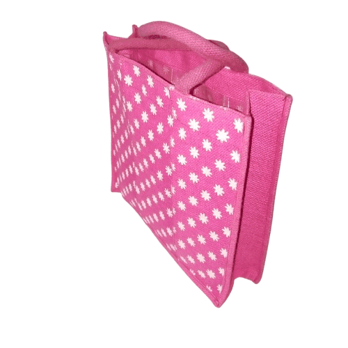Pink Floral Jute Tote Bag with Double Handles and Magnetic Snap Closure view 3