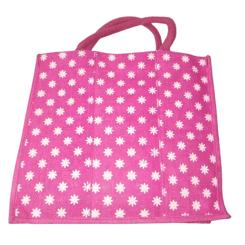 Pink Floral Jute Tote Bag with Double Handles and Magnetic Snap Closure view 4