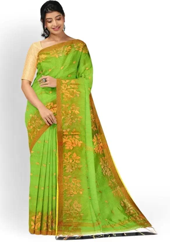 GitAsit Embroidered Handloom Cotton Blend Saree (Green)