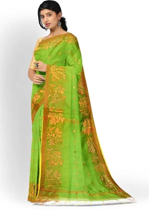 GitAsit Embroidered Handloom Cotton Blend Saree (Green) view 2