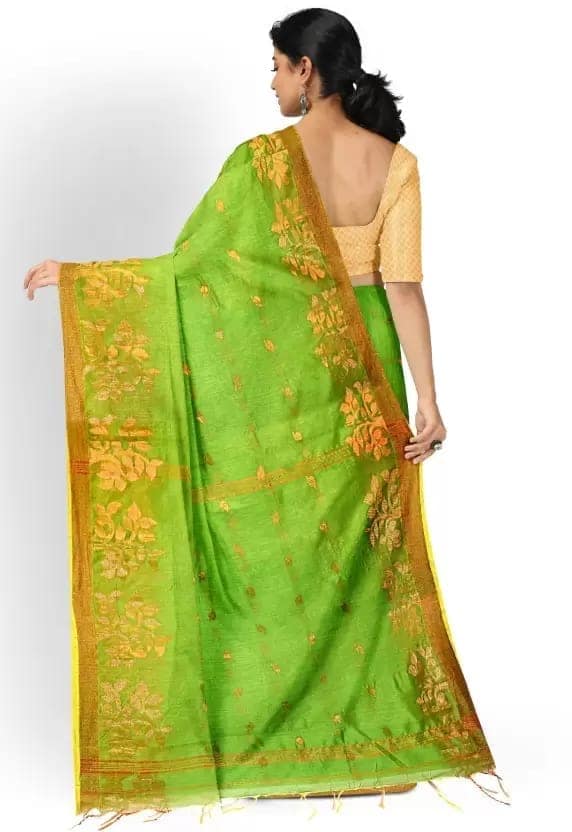 GitAsit Embroidered Handloom Cotton Blend Saree (Green) view 3