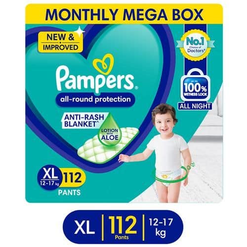 Pampers All-Round Protection Diaper Pants - Extra Large, 12-17 kg, Anti-Rash, Ultra Absorb, Leakage Prevention for upto 12 Hours, 112 pcs