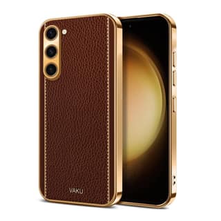 Vaku Luxos Luxemberg Back Cover Case for Samsung Galaxy S23 with Leather Pattern Design Gold Electroplated Soft TPU Cover, Shockproof Protective Case - Brown
