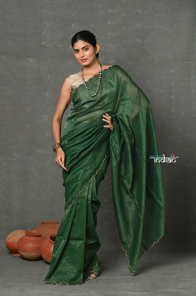 Tyohaar ~ Mul Cotton Zari Design Handloom Woven Saree - Dark Green