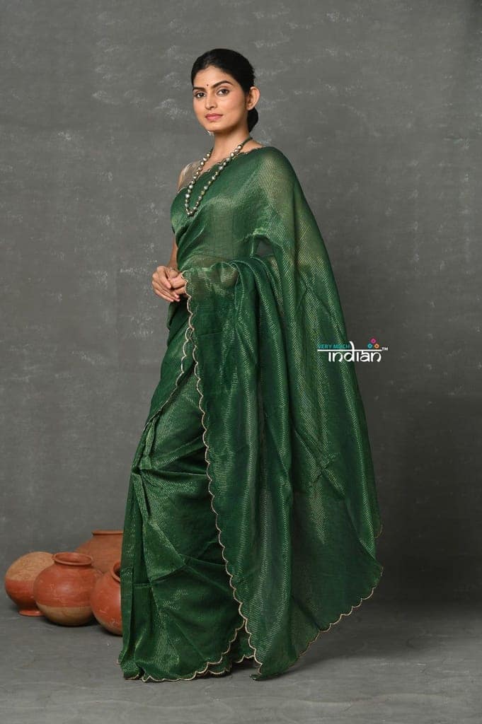 Tyohaar ~ Mul Cotton Zari Design Handloom Woven Saree - Dark Green view 2