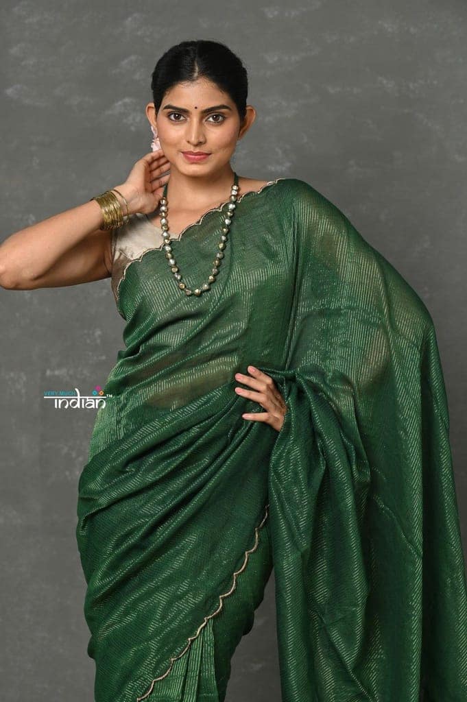 Tyohaar ~ Mul Cotton Zari Design Handloom Woven Saree - Dark Green view 4