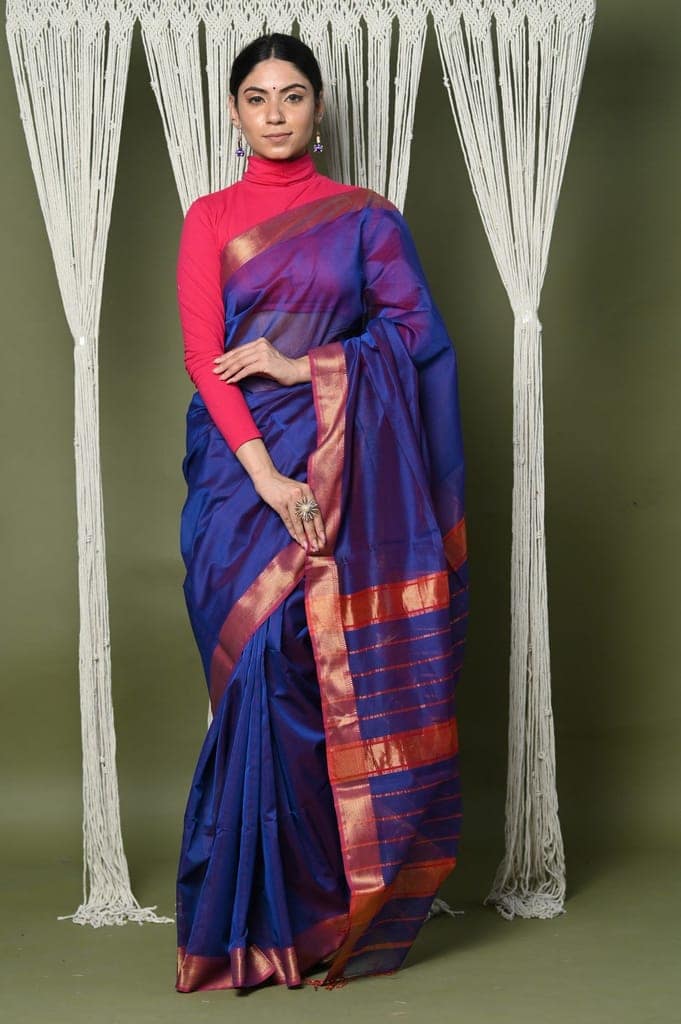 Handloom Cotton Silk Maheshwari Saree With Sleek Golden Border~dark blue view 2