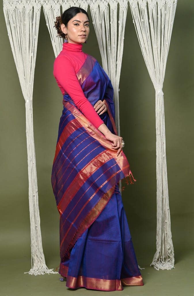 Handloom Cotton Silk Maheshwari Saree With Sleek Golden Border~dark blue view 3