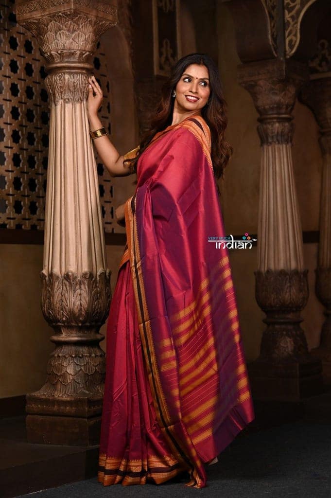 Parampara ~ Pure Cotton Saree in Regal Red with Exclusive Zari Border & Pallu view 2