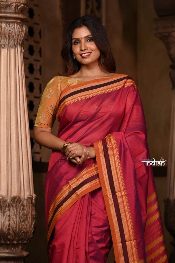 Parampara ~ Pure Cotton Saree in Regal Red with Exclusive Zari Border & Pallu view 4