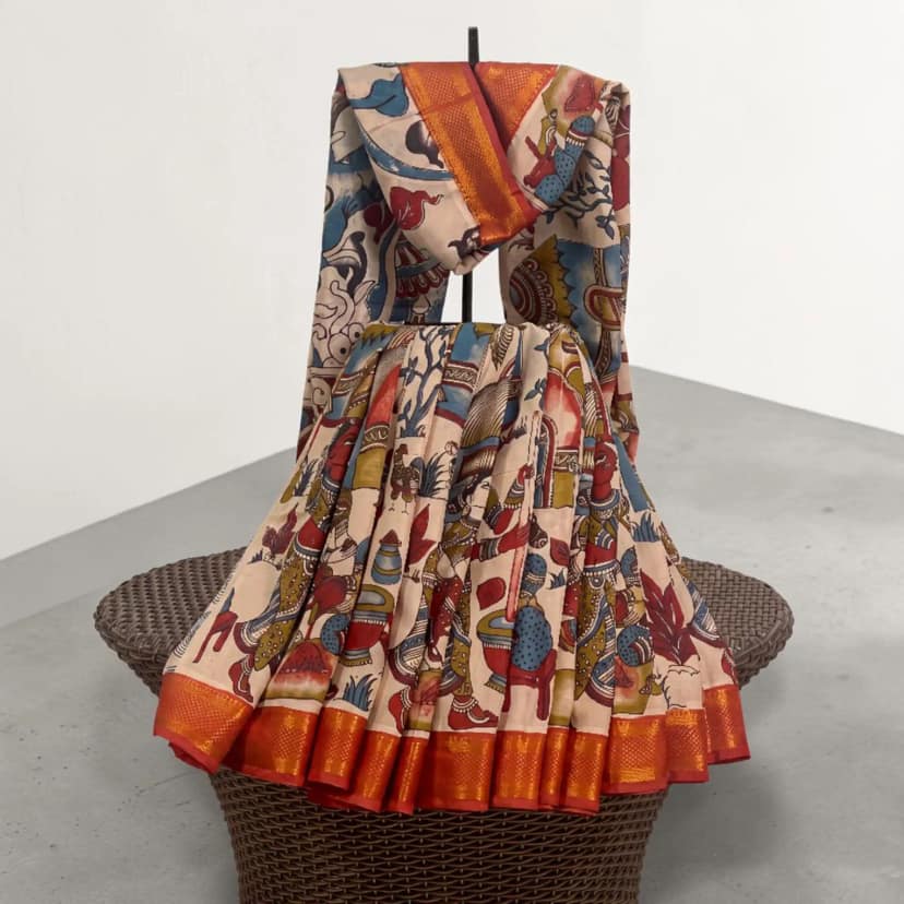 Cream Floral Pedana Kalamkari Semi Pattu Saree with Blouse view 5