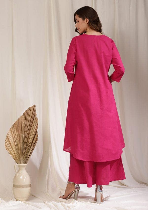 Fuchsia Asymmetric Cotton Kurta Paired with Pants view 4