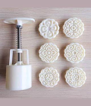 Reusable Mooncake Mold Press with 5 Stamps | DIY Cookie Biscuit Cutter Pastry Maker | Food Grade Plastic Kitchen Baking Tool | Traditional Festival Moon Cake Decorating Mold for Home Bakers