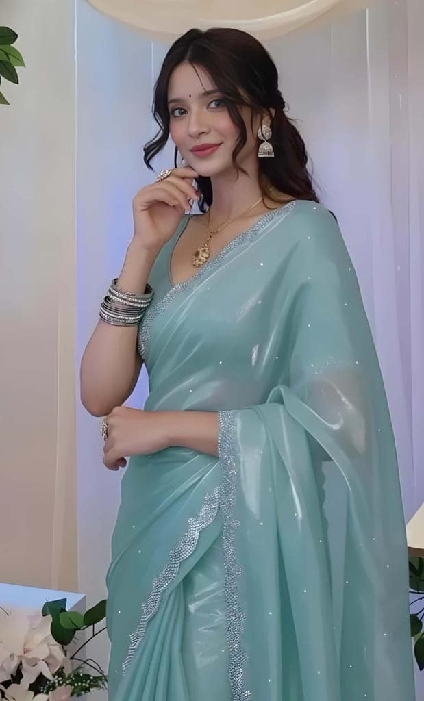 Women's Sky Blue Organza Silk Saree with Sequins Work | Designer Party Wear Saree with Matching Blouse Piece | Elegant Ethnic Wear view 3