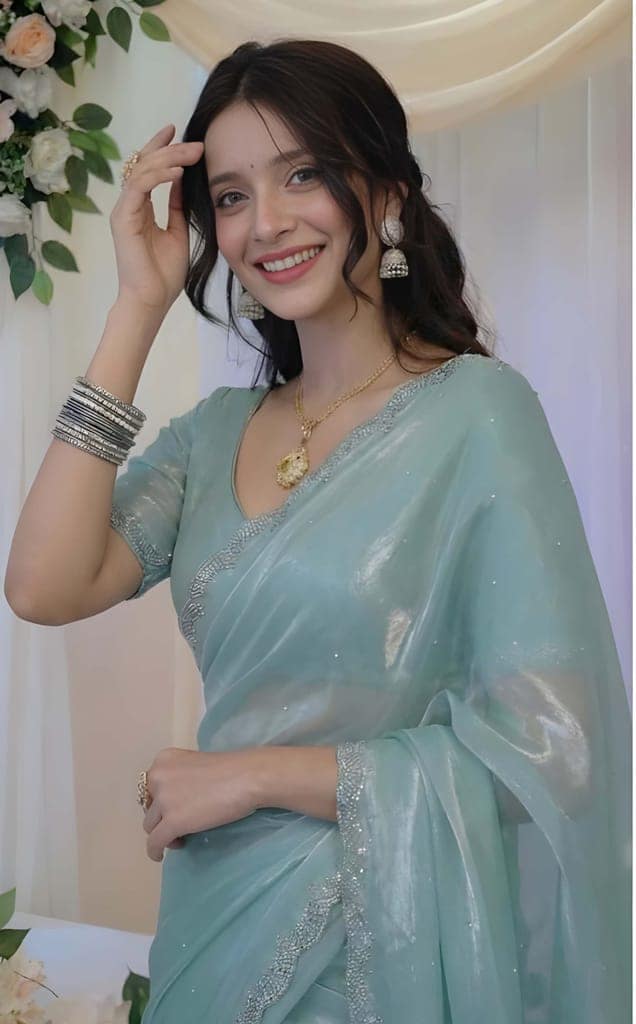 Women's Sky Blue Organza Silk Saree with Sequins Work | Designer Party Wear Saree with Matching Blouse Piece | Elegant Ethnic Wear view 5