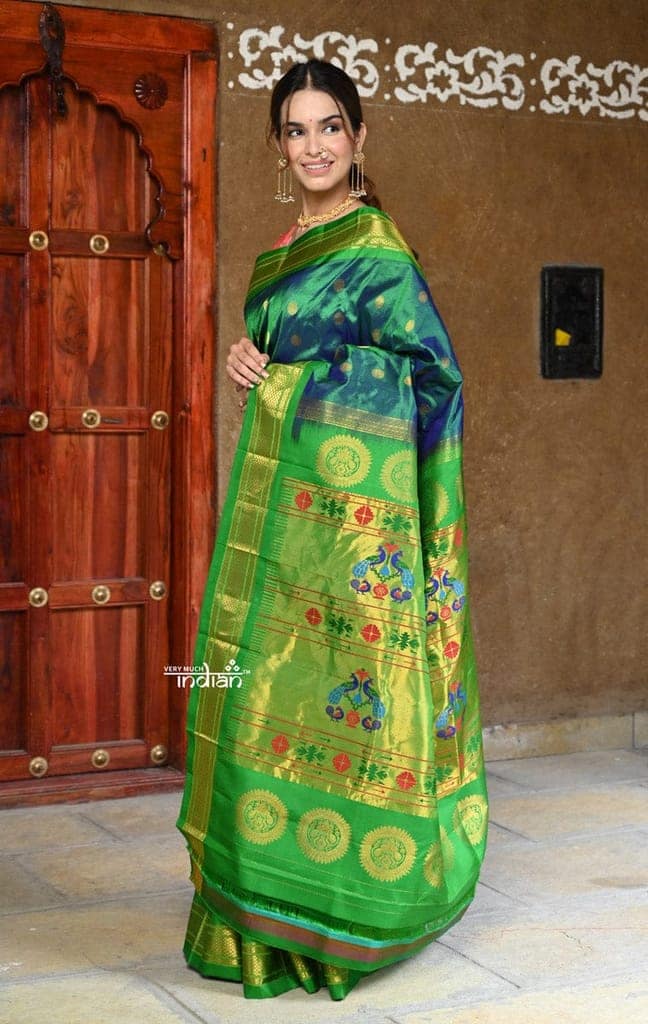 Rajsi~ Pure Silk Handloom - Maharani Paithani in Dual Tone Blue Green with Rich Lime Green Silk Border view 3