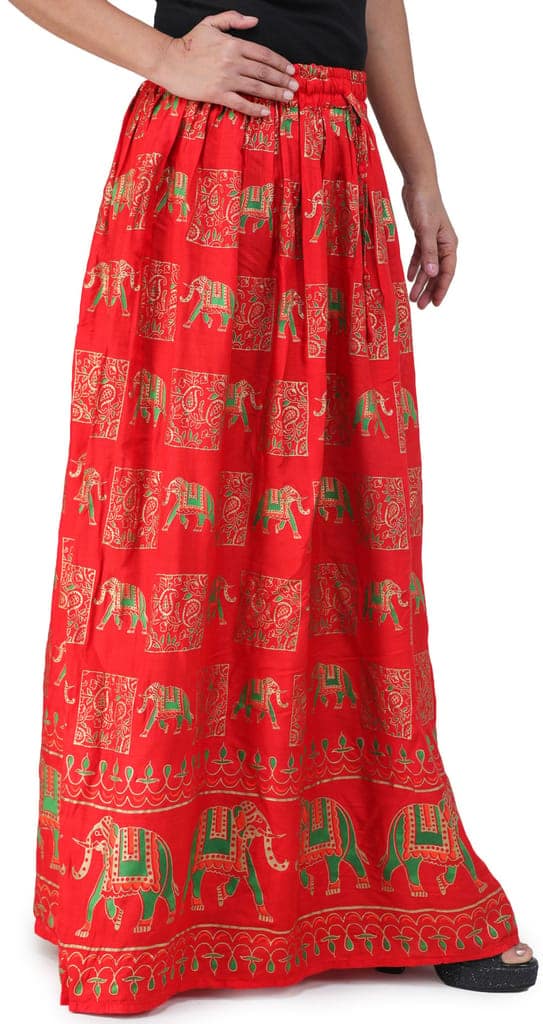 Flame-Scarlet Digitally Printed Casual Skirt with Motifs of Elephants And Flowers From Pilkhuwa view 2