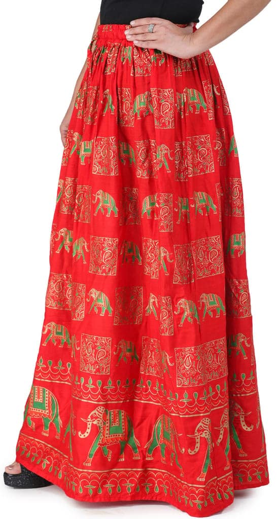 Flame-Scarlet Digitally Printed Casual Skirt with Motifs of Elephants And Flowers From Pilkhuwa view 3
