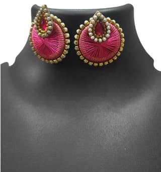 "Stunning Pink Silk Thread Earrings with Pearl and Stone Detailing - Perfect for Traditional Occasions"
