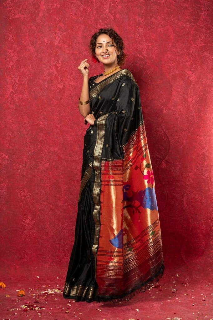 Chandrakor: Handloom Pure Silk Paithani Saree with Traditional Peacock Pallu ~ Royal Blue view 4
