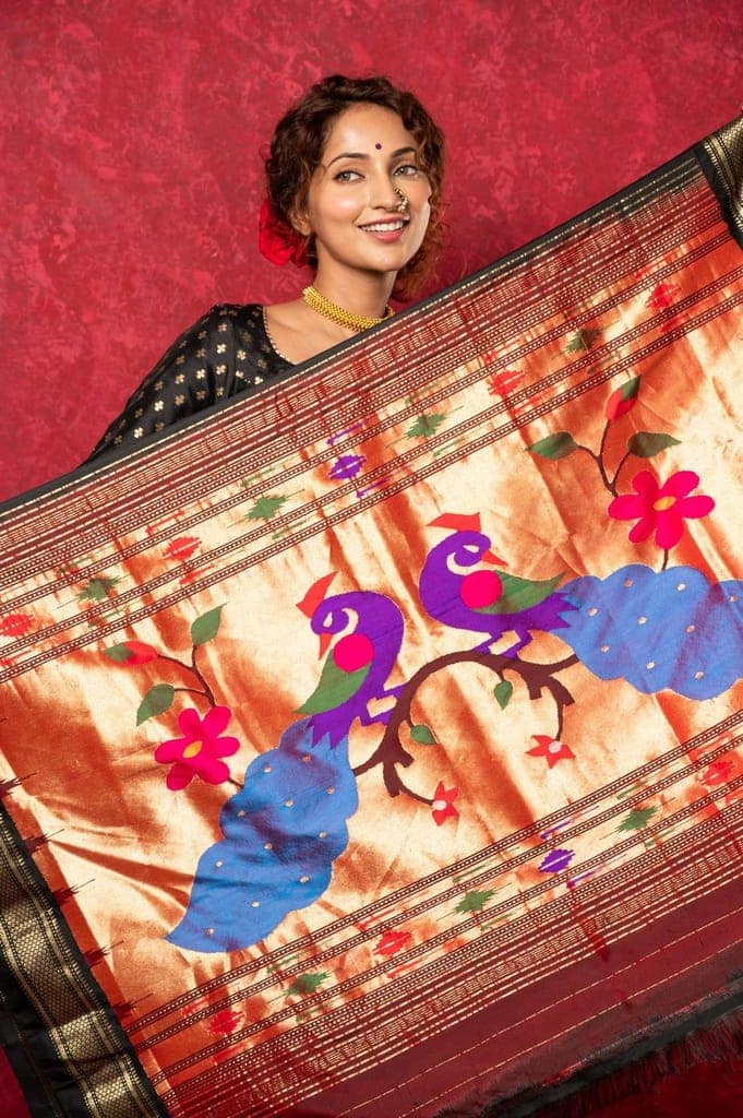 Chandrakor: Handloom Pure Silk Paithani Saree with Traditional Peacock Pallu ~ Royal Blue view 6