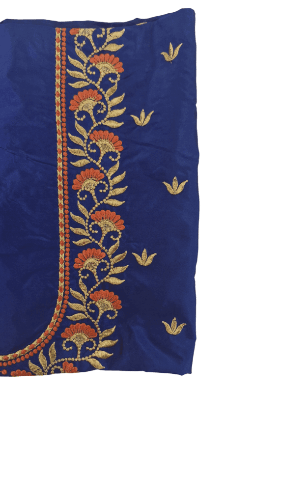 Blue Saree Blouse with Orange Floral Embroidery view 2