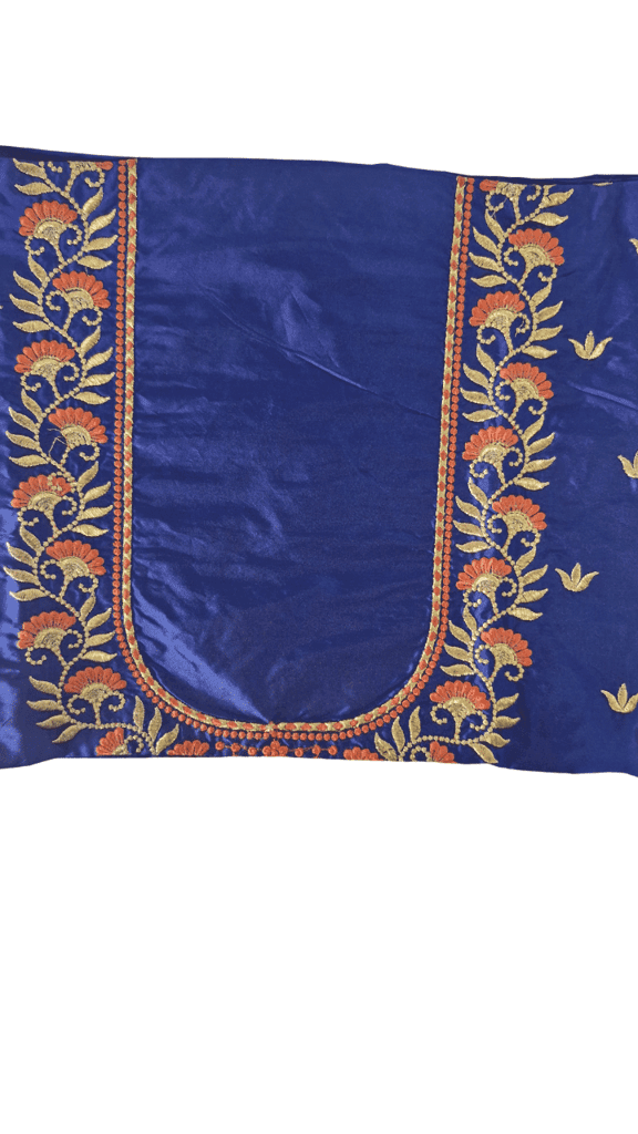 Blue Saree Blouse with Orange Floral Embroidery view 3