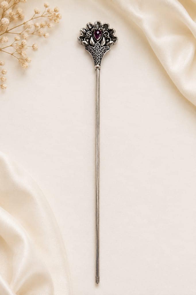 Handmade Oxidised Silver Elegant Floral Metal Juda Stick for Women view 3