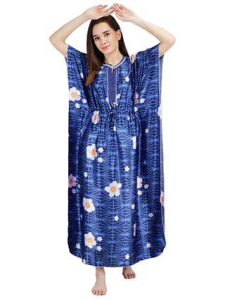 KOI SLEEPWEAR Women's Printed Satin Kaftan Gown/ Maxi Night Gown for Women - Navy Blue
