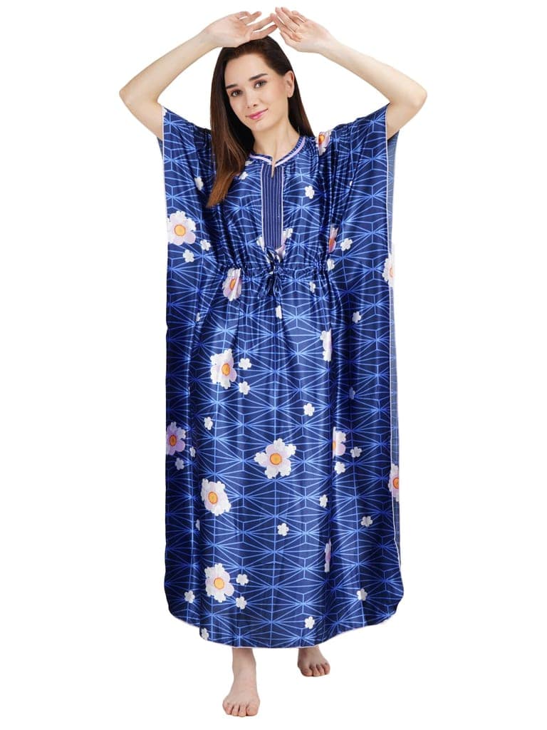 KOI SLEEPWEAR Women's Printed Satin Kaftan Gown/ Maxi Night Gown for Women - Navy Blue