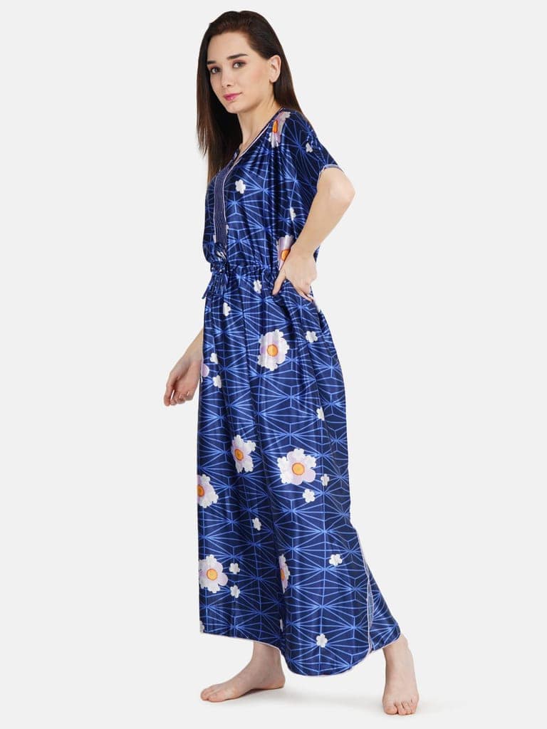 KOI SLEEPWEAR Women's Printed Satin Kaftan Gown/ Maxi Night Gown for Women - Navy Blue view 3