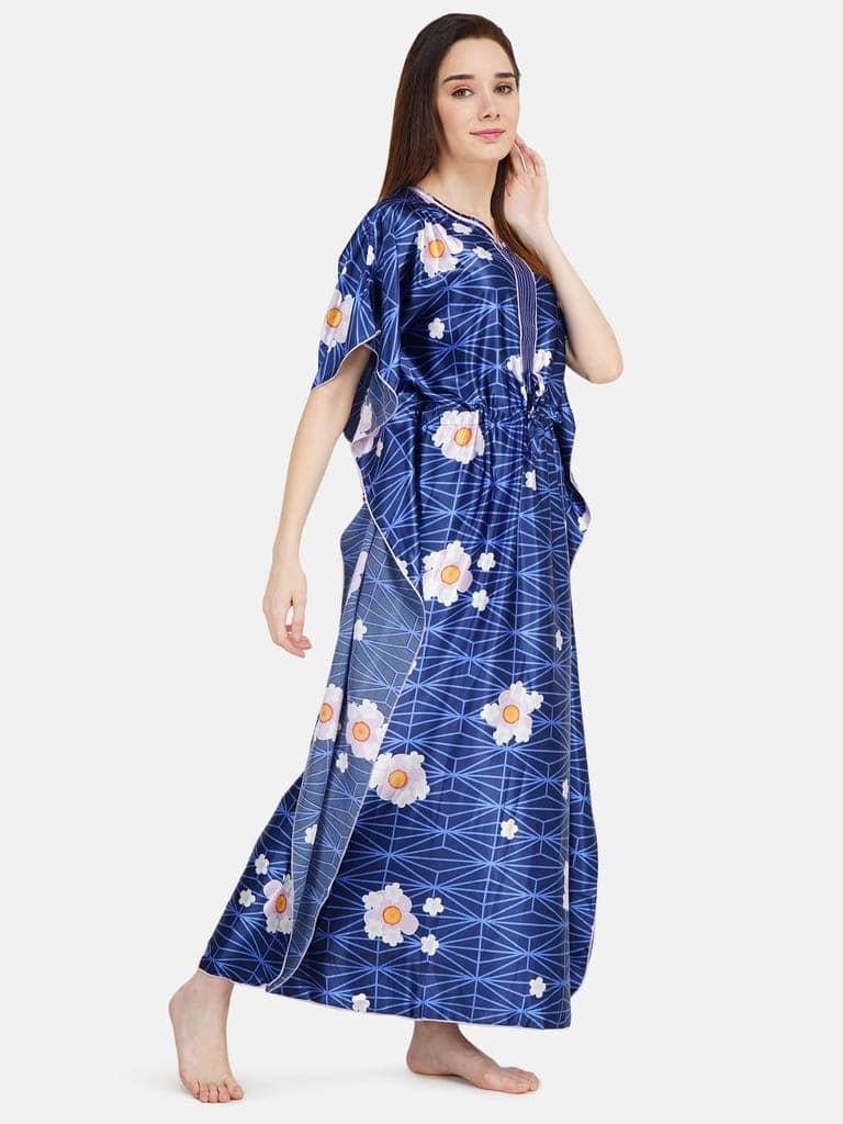 KOI SLEEPWEAR Women's Printed Satin Kaftan Gown/ Maxi Night Gown for Women - Navy Blue view 4