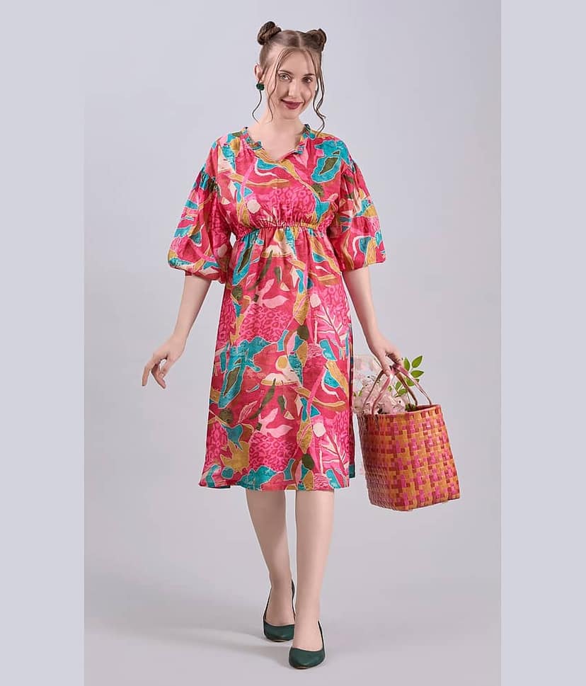 Amarasha Women Cotton Blend Printed Fit & Flare Dress ( Pink )