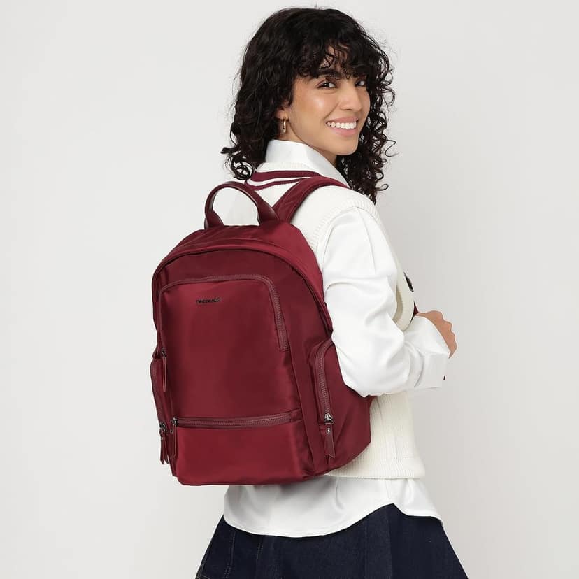 Cherry Rush 15 Inch Laptop Bag | Cherry Red Nylon Backpack for College & Office |15" Laptop Sleeve|Internal Organizer Pockets | Key Leash | Secure Zipper Pockets | Trolley loop view 2