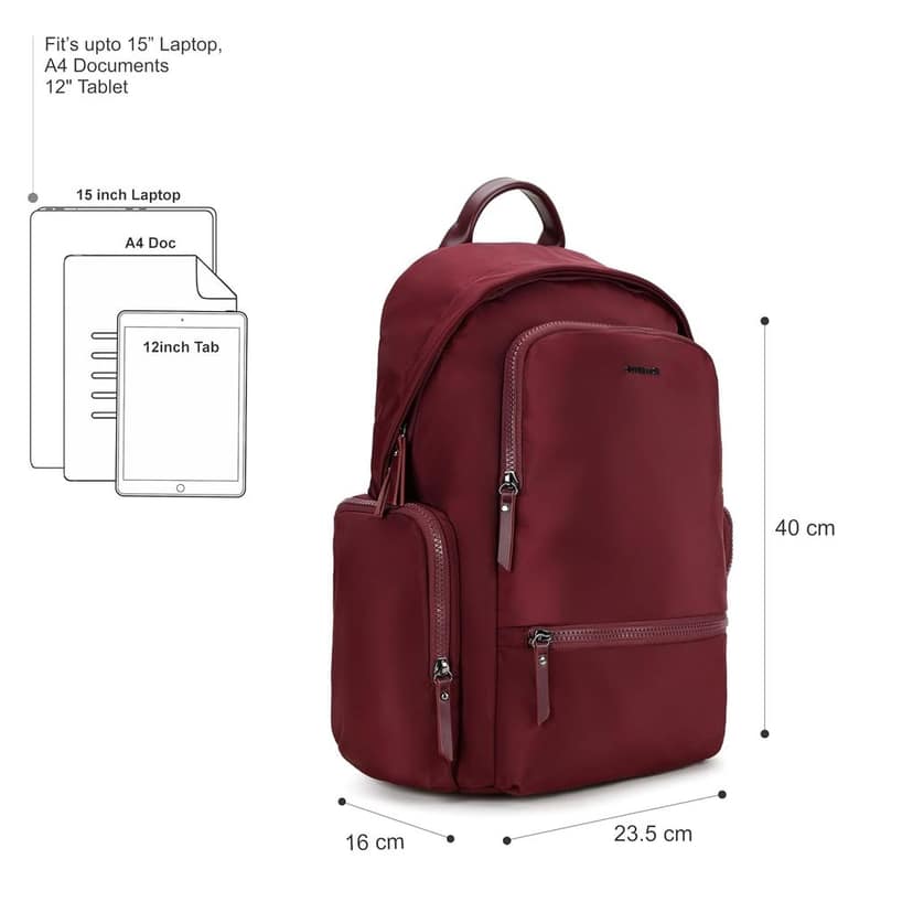 Cherry Rush 15 Inch Laptop Bag | Cherry Red Nylon Backpack for College & Office |15" Laptop Sleeve|Internal Organizer Pockets | Key Leash | Secure Zipper Pockets | Trolley loop view 3