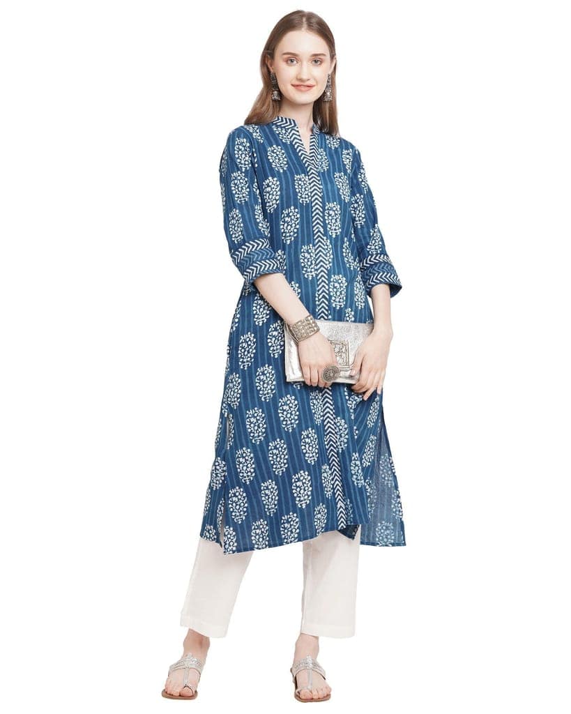 "Neel Phul" indigo handcrafted pure cotton kurta for women view 3