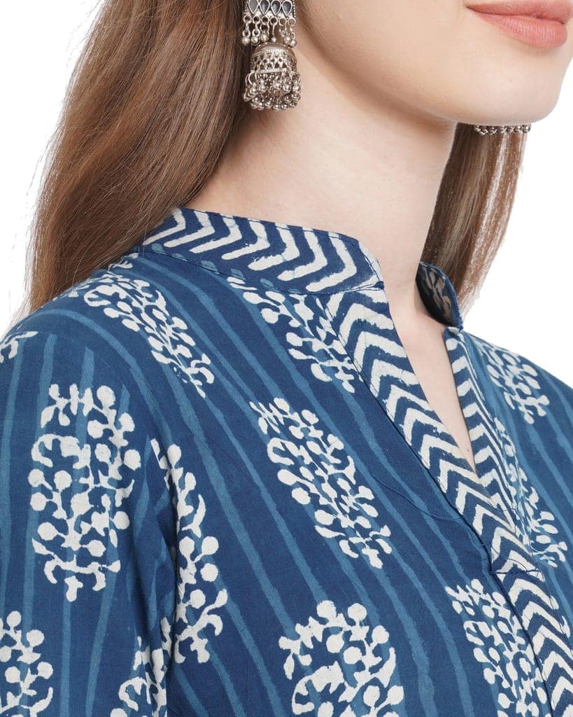 "Neel Phul" indigo handcrafted pure cotton kurta for women view 6