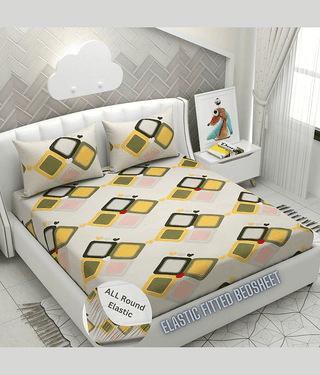 Apala Microfibre Abstract Printed Fitted Double Bedsheet With 2 Pillow Covers- Cream
