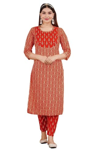 MANMAYEE Women's Rayon Mirror Work On Yoke Straight Kurti with Pant & Dupatta | 3 Piece Kurti Set