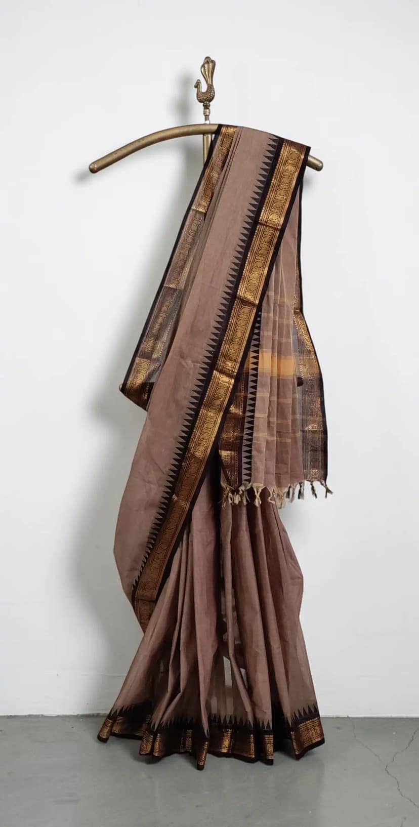 Handwoven Kanchipuram Cotton Saree in Beige with Golden Temple Border view 3