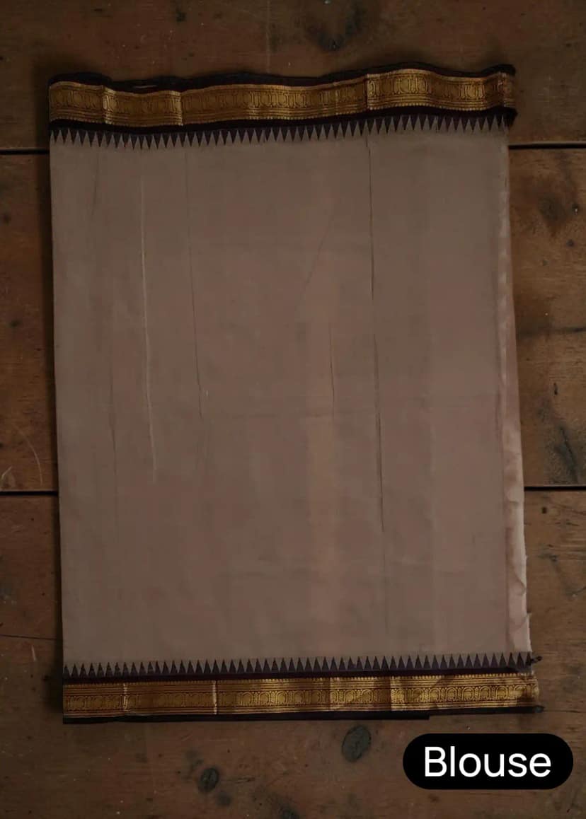 Handwoven Kanchipuram Cotton Saree in Beige with Golden Temple Border view 5