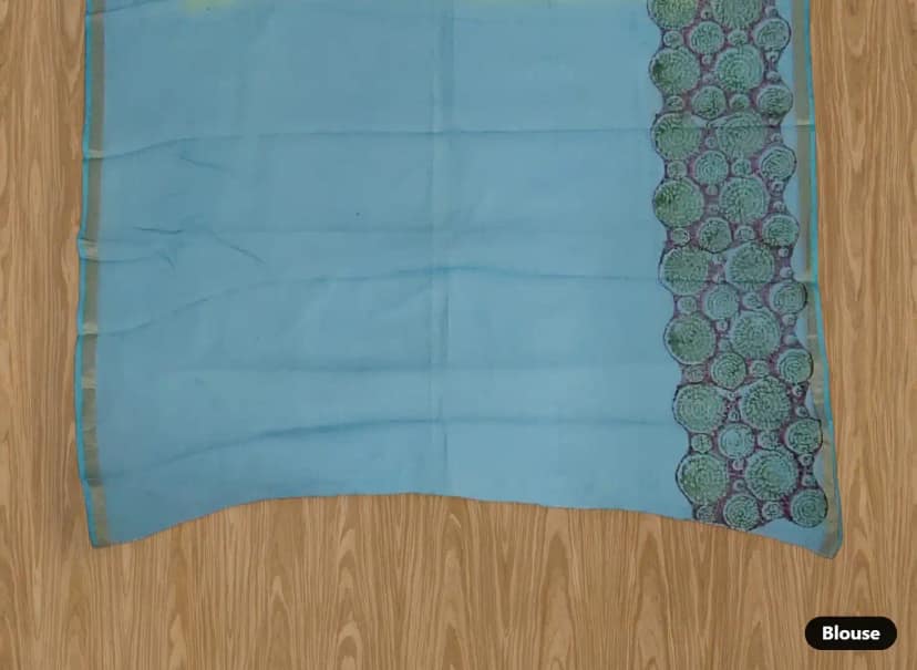 Handwoven Kota Doria Block-Print Saree in Green and Blue view 5