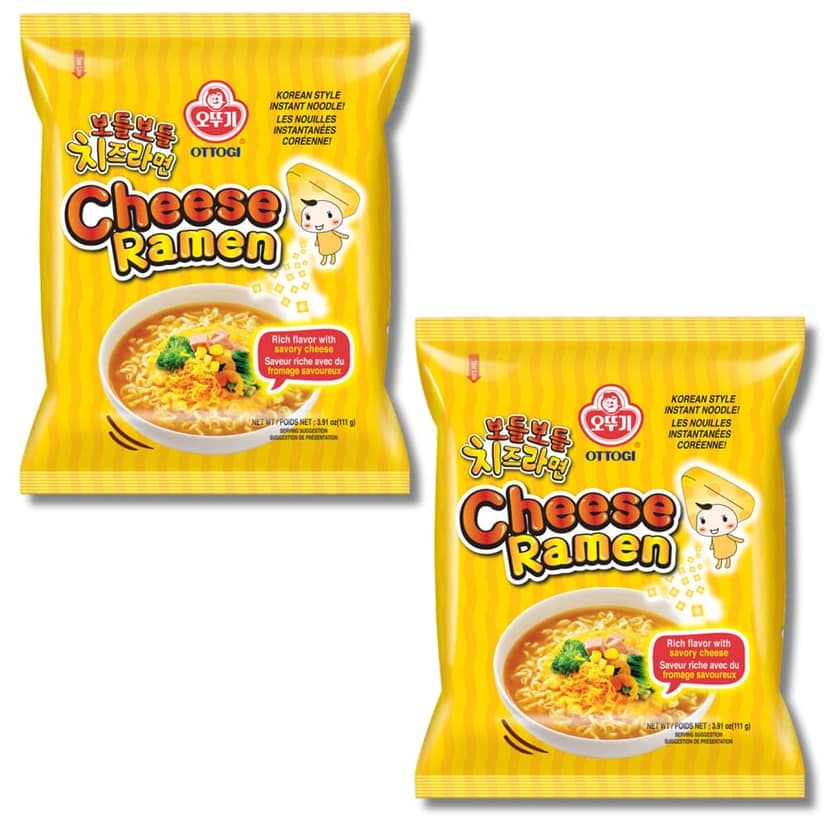 Ottogi Cheese Ramen Rich Flavor with Savory Cheese Korean Style Vegetarian Instant Noodles 111gm, Pack of 2, The Product of Korea (Imported)