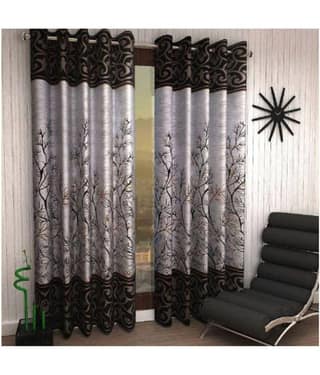 Panipat Textile Hub Floral Semi-Transparent Eyelet Door Curtain 7 ft Pack of 6 -Brown