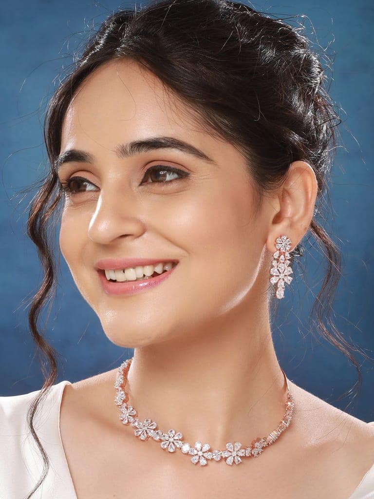 Rose Gold Plated AD Studded Floral Delicate Jewellery Set