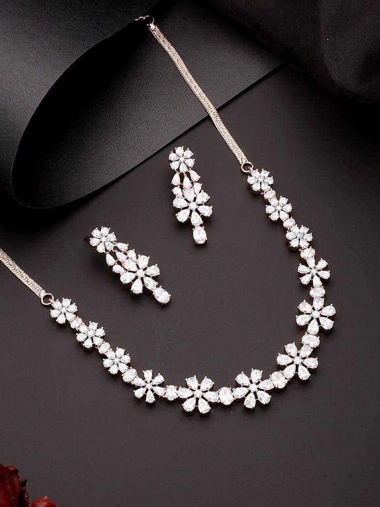 Rose Gold Plated AD Studded Floral Delicate Jewellery Set view 2