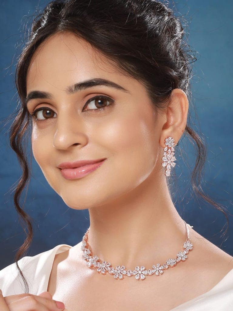 Rose Gold Plated AD Studded Floral Delicate Jewellery Set view 3