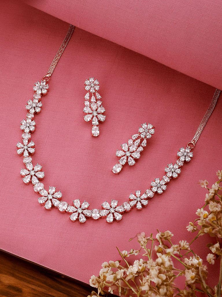 Rose Gold Plated AD Studded Floral Delicate Jewellery Set view 4
