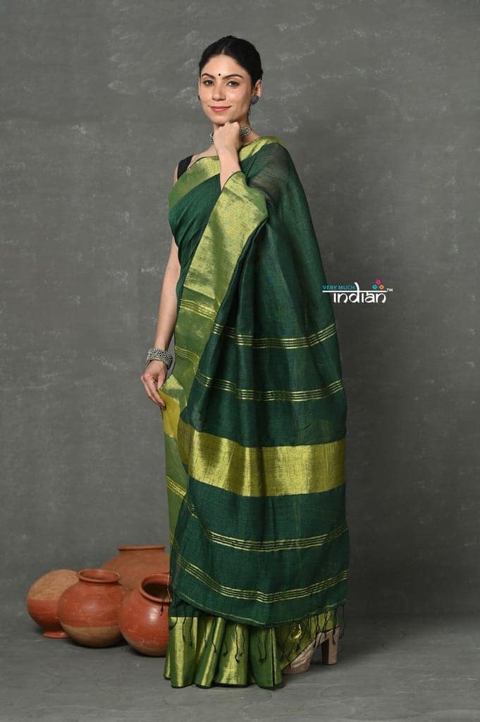 Tyohaar ~ Handloom Pure Cotton Linen Saree With Golden Border - Green view 2