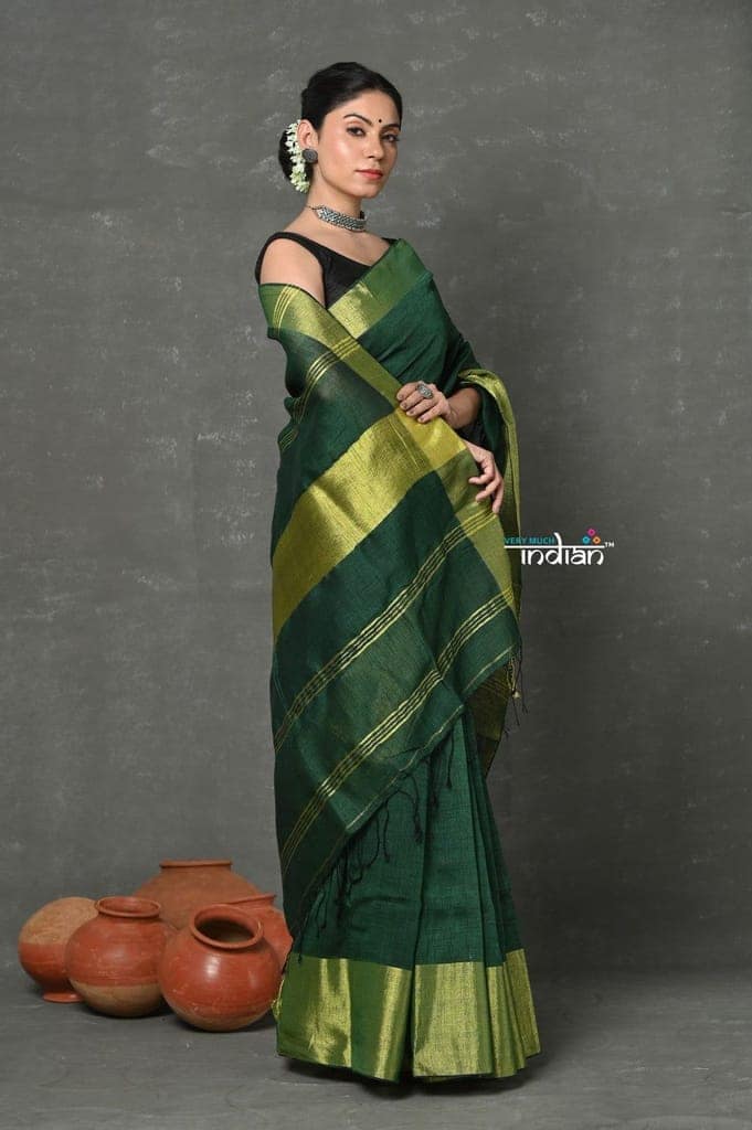 Tyohaar ~ Handloom Pure Cotton Linen Saree With Golden Border - Green view 3